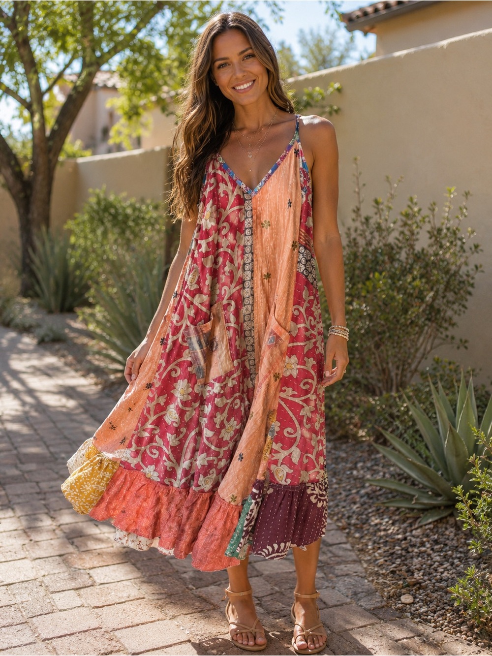 Kantha Bohemian Patchwork Maxi Sundress - Pink & Peach size small to XL
